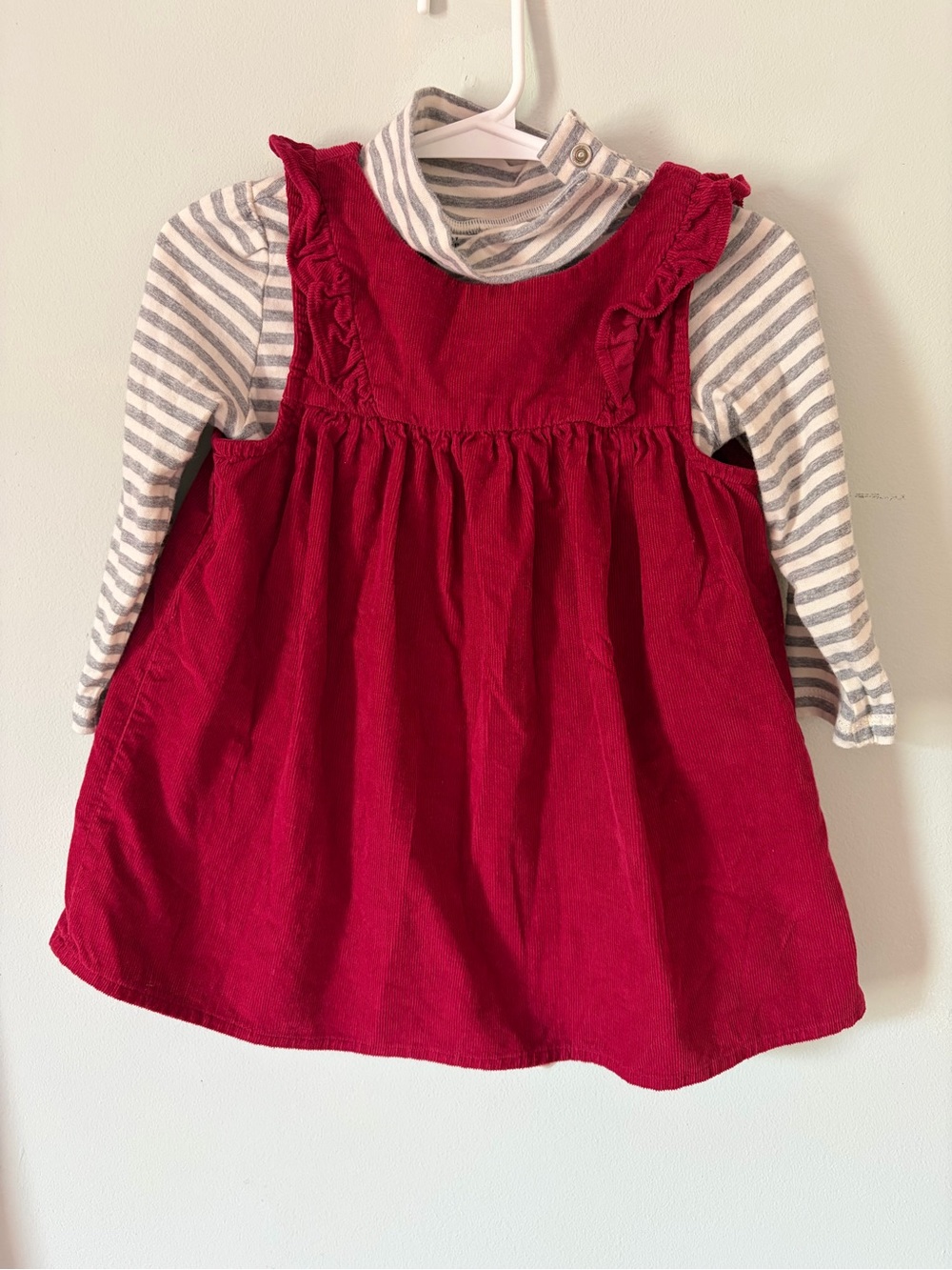 Toddler Burgundy Corduroy Pinafore Dress with Striped Turtleneck